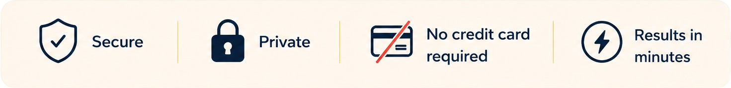Secure. Private. No credit card required. Results in minutes.